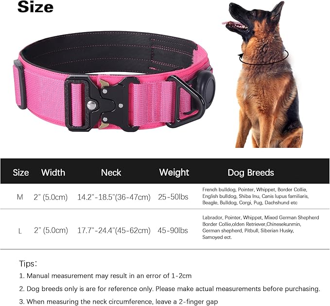 AirTag Dog Collar, 2" Wide Tactical Military Dog Collar with AirTag Holder & 3 Pet Patches, Soft Padded Reflective Waterproof Nylon Collar with Metal Buckle for Medium Dogs (Hot Pink, M)