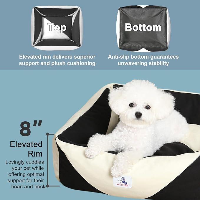 Cotton Canvas Dog Bed, Cute Dog Beds for Small Dogs, Puppy Bed with Washable Removable Cover, Durable 290 GSM Cotton Anti-Chewing Pet Bed with Anti-Slip Bottom (24"x20"x8", Black&White)