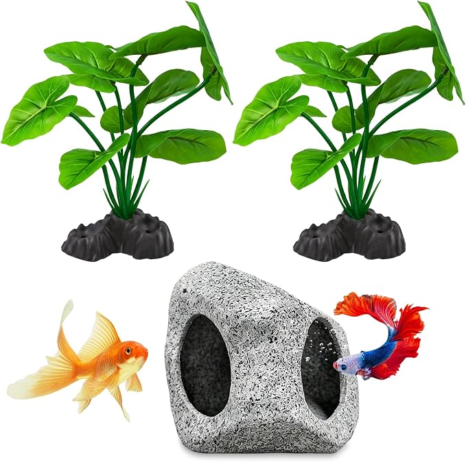Fish Tank Decor, Aquarium Decor Set Betta Fish Tank Decorations with Artificial Green Plants & Hideaway Rock Cave for Betta Goldfish Turtle Reptile Decoration