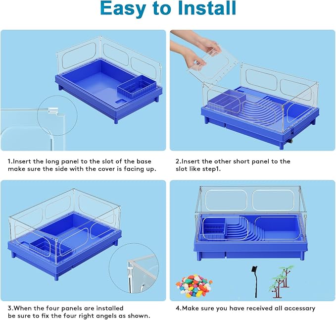 Small Turtle Tank for Baby Turtles with Basking Platform and Bottom Drain | Blue Clear-Panel Habitat, Lightweight Starter Aquarium for Red-Eared Sliders, Crabs and Small Reptiles