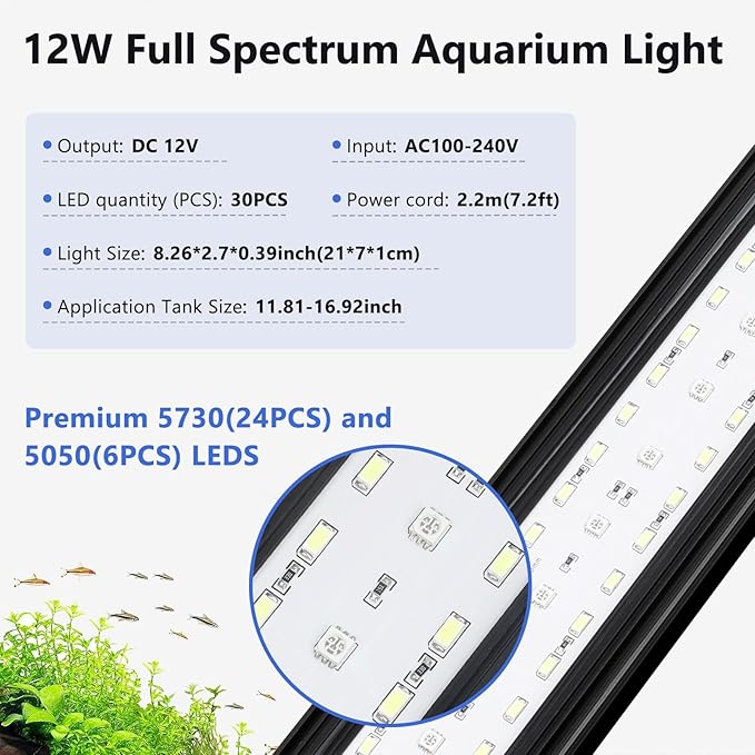 fishkeeper Clip On Aquarium LED Light, 24/7 Mode Full Spectrum Fish Tank Light with Timer, Adjustable 8 Color / 5 Brightness Simulate Sunrise-Day-Sunset-Moon for 11.81-16.92 inch Planted Tank 12W