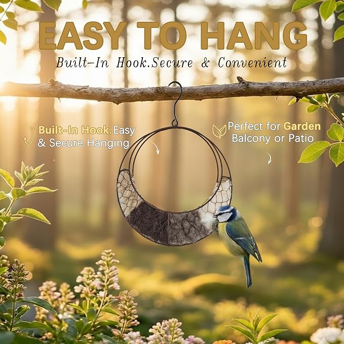 Bird Nesting Material, Hummingbird Nesters, Natural Alpaca Wool Material for Wild Birds, Design for Bird Lover Gifts, Refillable Outdoor Bird Nesting Station (Moon)