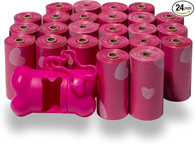 Best Pet Supplies Dog Poop Bags for Waste Refuse Cleanup, Doggy Roll Replacements for Outdoor Puppy Walking and Travel, Leak Proof and Tear Resistant, Thick Plastic - Pink Heart, 360 Bags