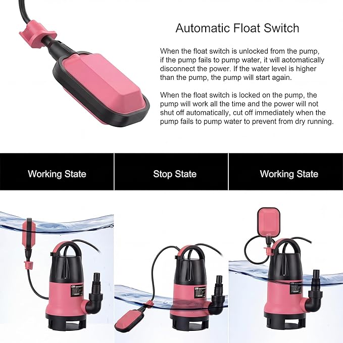 Sump Pump, Prostormer 1HP 3700GPH Submersible Clean/Dirty Water Pump with Automatic Float Switch for Pool (Pink)