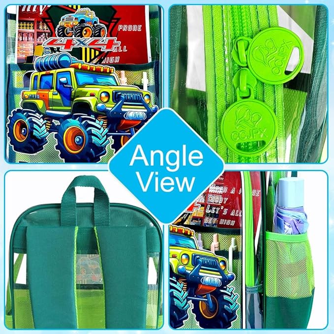 AGSDON 3PCS Clear Backpack for Boys, 16" Truck Transparent Bookbag Heavy Duty,See Through Backpacks with Lunch Bag- Green Truck