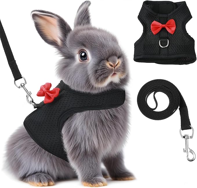 Bunny Harness and Leash Set, Soft Breathable Mesh Rabbit Leash Vest with Safety Buckles, Lightweight Escape-Proof Walking Gear for Rabbits, Kittens, Ferrets, Guinea Pigs, Black M