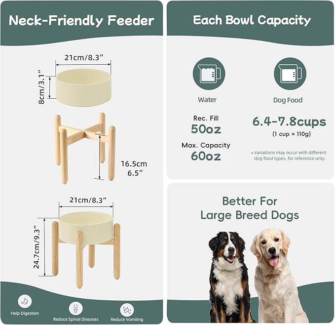 Havniva Ceramic 8.2inch Raised Dog Bowl with Stand for Large - Breed Dogs, Pet Food and Water Feeder(Single Bowl with Stand - Light Yellow)