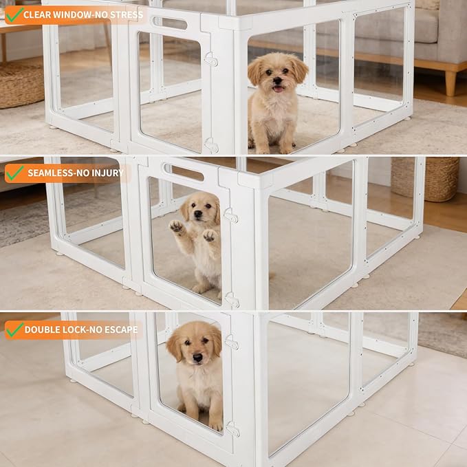 Clear Acrylic Dog Playpen Indoor, Pet Play Pen for Small Dogs Cats Rabbits, 23 Inch-H Pet Fence Crate Kennel Whelping Cage, Easy Assemble, White (10)