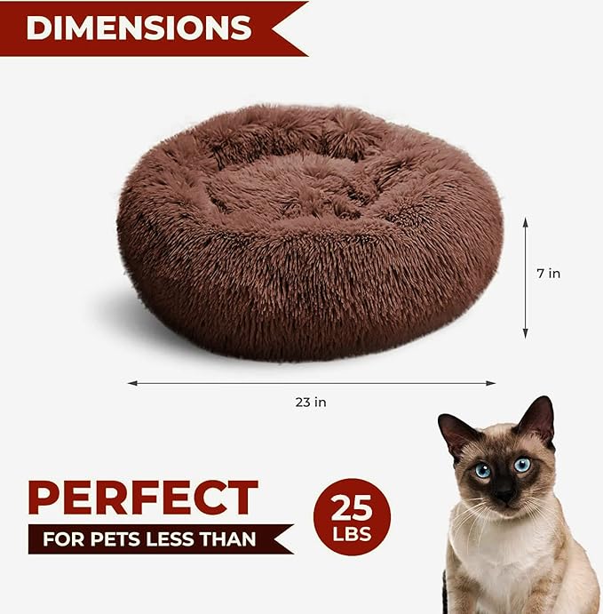 Whiskers & Friends Cat Beds for Indoor Cats, Fluffy Calming Donut Cat Bed, Small Dog Bed Washable - Orthopedic Soft Plush Pet Beds Sized for Kitten to Large Cats & Puppy to Small Dogs, Chocolate Brown