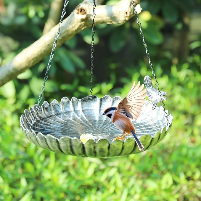 MUMTOP Hanging Bird Baths for Outdoors - Metal Bird Bath, 11.6 Inch Flower Shape Birdbath Bird Feeder Bowl for Outside, Garden, Lawn Yard Decor(Silver)