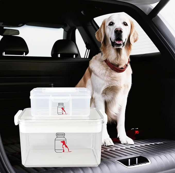 Set of 2 First Aid Kit box,Large Pet First Aid Kit Bin Empty,Portable Medicine Box for Dog Cat,Medic Organizer with Handle,Family Dog Travel Camping Emergency Tool Set