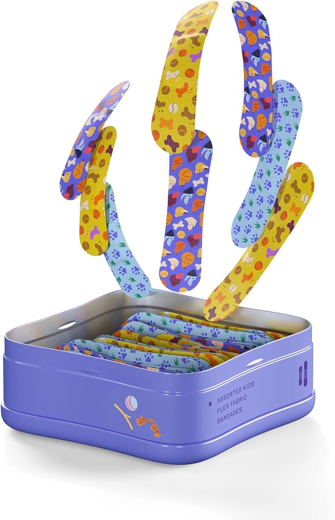 Welly Bandages | Adhesive Flexible Fabric Bravery Badges | Assorted Shapes for Minor Cuts, Scrapes, and Wounds | Colorful and Fun First Aid Tin | Dogs Patterns - 48 Count