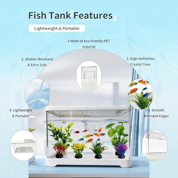 3.5 Gallon Plastic Betta Fish Bowl, Unbreakable Small Portable Fish Tank - Desktop Aquarium Starter Kit,Clear Rectangular Fish Tank for Goldfish Aquatic Shrimp 9-Piece Set for Home Decoration.