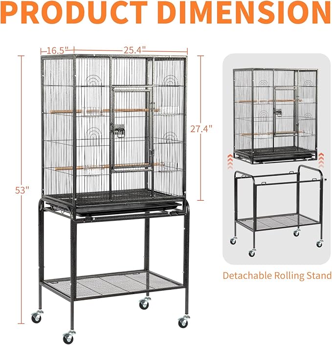 VINGLI 53-inch Bird Cage with Wheels, Durable Wrought Iron Parakeet Cage with Slide Out Tray, Black Bird Cages for Parakeets/Lovebird/Cockatiels/Budgies and Other Small/Medium Birds (Large-53 inch)