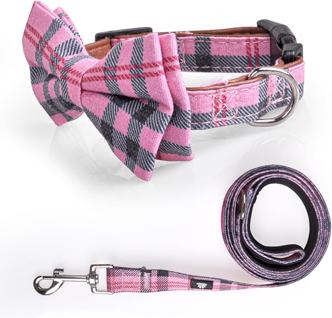 IVY&LANE Dog Collar with Bowtie and Leash Set | Plaid Adjustable Dog Collar | Detachable Bow Tie |5 FT Dog Leash | for Small Medium Large Dogs | Checkered Pink | X-Small