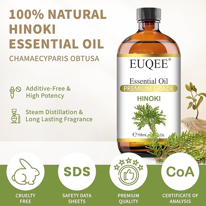 EUQEE Hinoki Essential Oil 118ml/4Fl Oz Pure Japanese Hinoki Oil Premium Natural Wood Scent Aromatherapy Oil with Glass Dropper for Meditation, Skincare, Diffuser, DIY Soap, Home Spa