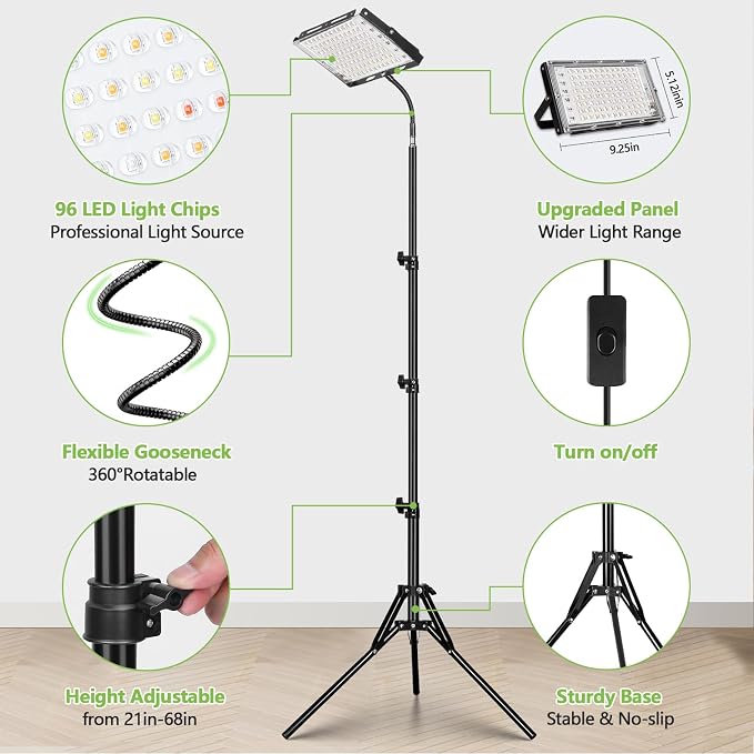 LBW Grow Lights for Indoor Plants, Full Spectrum 96 LEDs Plant Grow Light | On/Off Switch, 21-68 in Adjustable Tripod Stand Upgraded Floor Grow Lamp, Ideal for Tall Large Houseplant Growing
