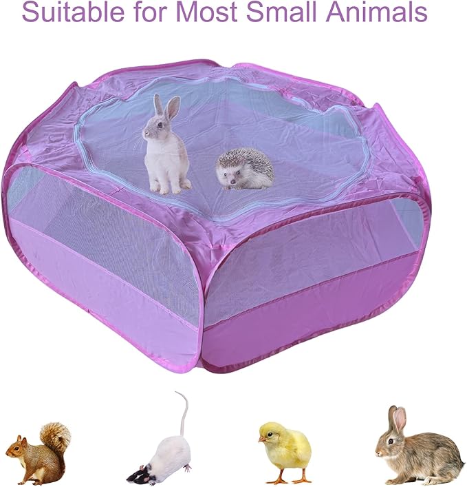 Small Animal Playpen with Zippered Mesh Cover - Portable Foldable Chicken Brooder Box, Indoor Outdoor Enclosure for Guinea Pigs, Bunny, Rabbits, Ferrets, Chinchillas, Kittens (Pink)