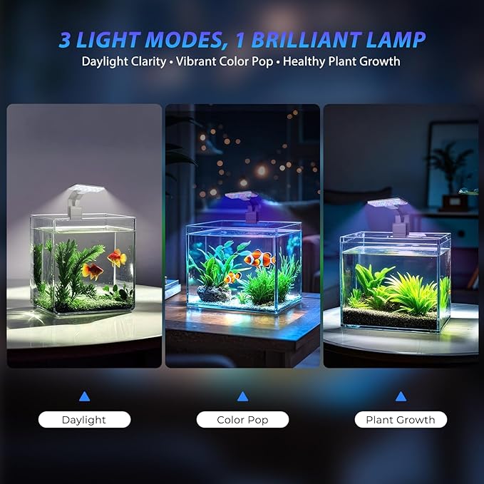 Mini Clip-On Aquarium Light 7W USB Dimmable Fish Tank Lamp with 3 Light Modes (Full Spectrum/White/RGB), 9-Level Brightness, Compact LED Light for 1–3 Gallon Aquariums (Adapter Not Included)