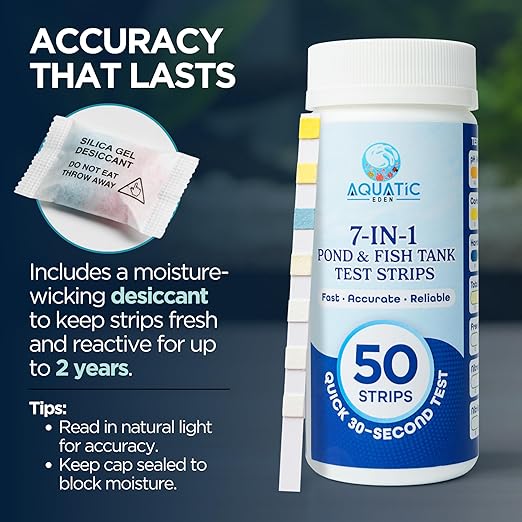 Pond Test Strips 7-in-1 (50 Pack) – Fish Tank & Pond Water Testing Kit for Freshwater & Saltwater – Quick & Accurate Aquarium Water Test Kit for pH, Nitrate, Nitrite, Hardness