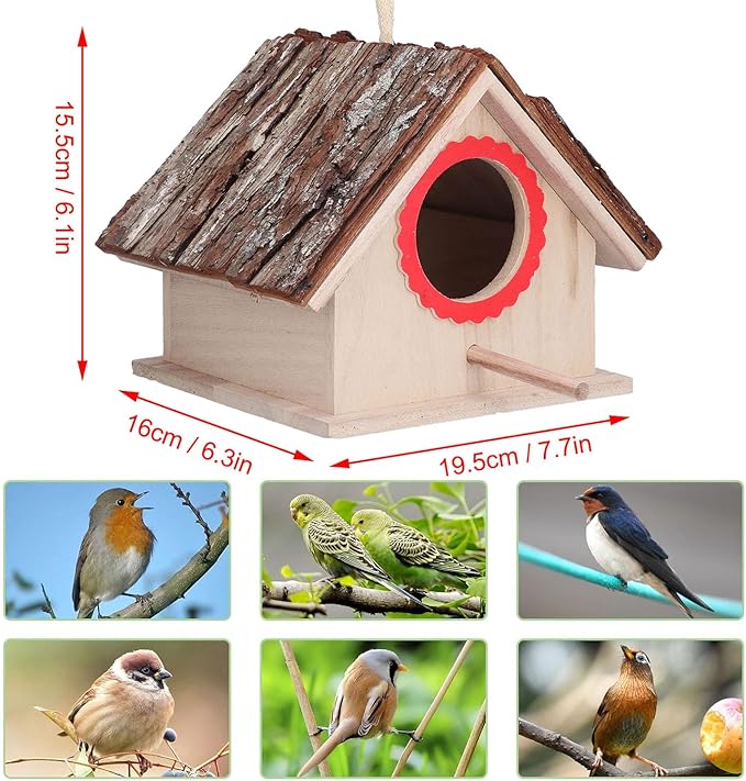 Bird Nest, Wooden Hanging Outdoor Bird Nest with Perch Rustic Bird Nest Box for Bluebirds, Chickadees, Hummingbirds, Swallows, and Other Birds.