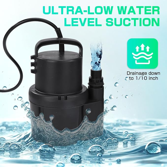 D-HONOR Submersible 1/6 HP 1370GPH, Sump Pump Submersible for Clean Water | Electric Utility Pump with 1" Water outlet and 3/4" Garden Hose Adaptor for Swimming Pool Garden Pond Draining