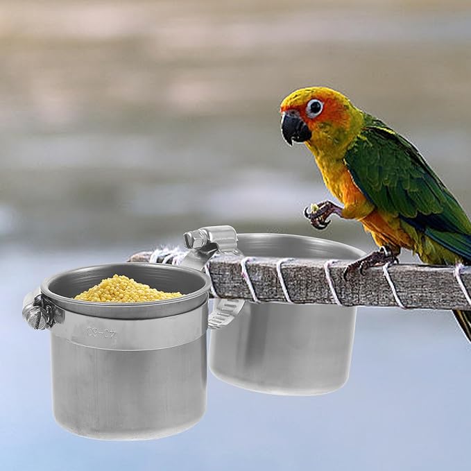 Bird Water Feeder Dishes Bird Bowl for Cage Coop Cups Parrot Food Hanging Pet Animal Stainless Steel Birdcage Bowls Feeding Perches Play Stand with Clamp 15x6. 5cm