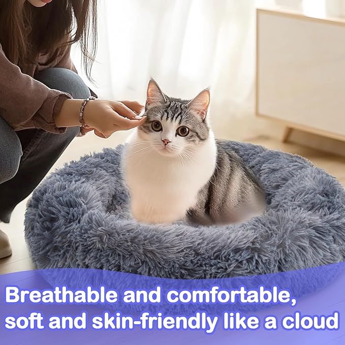 RAINFLOW Cat Bed - Calming Cat Bed for Small Kittens Donut Washable Round for Indoor Kittens and Puppies, Anti-Slip Round Fluffy Plush Faux Fur,Large, Dark Blue