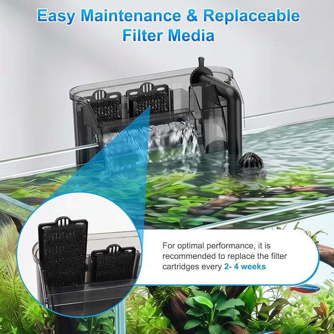 AQQA Aquarium Hang on Back Filter Whisper Fish Tank HOB Filter | Adjustable Flow, Multi-Stage Filtration with Surface Skimmer & Sponge Guard for Small Fish Tanks 10-30 Gallon (5W, 106GPH)