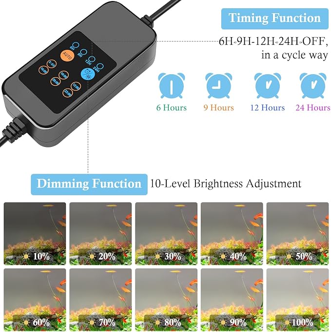 HITOP 12-18in Plant Growth Aquarium LED Light with Timer, Full Spectrum Auto 24/7 Lighting Cycle& 10-Level Brightness Adjustment, Fish Tank Light with Extendable Brackets