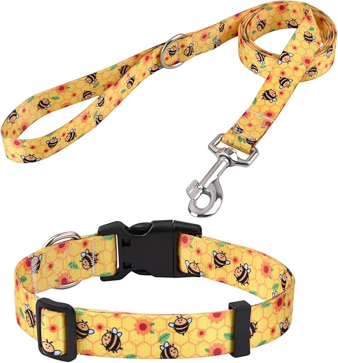 Mihqy Dog Collar and Leash Set with Bohemia Floral Tribal Geometric Patterns - Soft Ethnic Style Collar Adjustable for Small Medium Large Dogs(Bee Set,M)