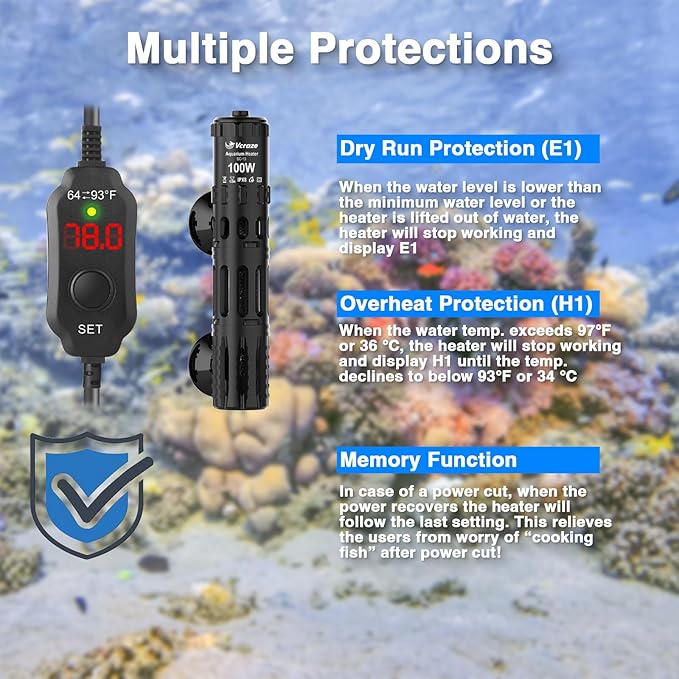 Aquarium Heater 100W, Submersible Fish Tank Heater with LED Digital Display, Auto Power-Off When Leaving Water & High Temp Protection, for Fresh and Salt Water Tanks 10-20 Gal