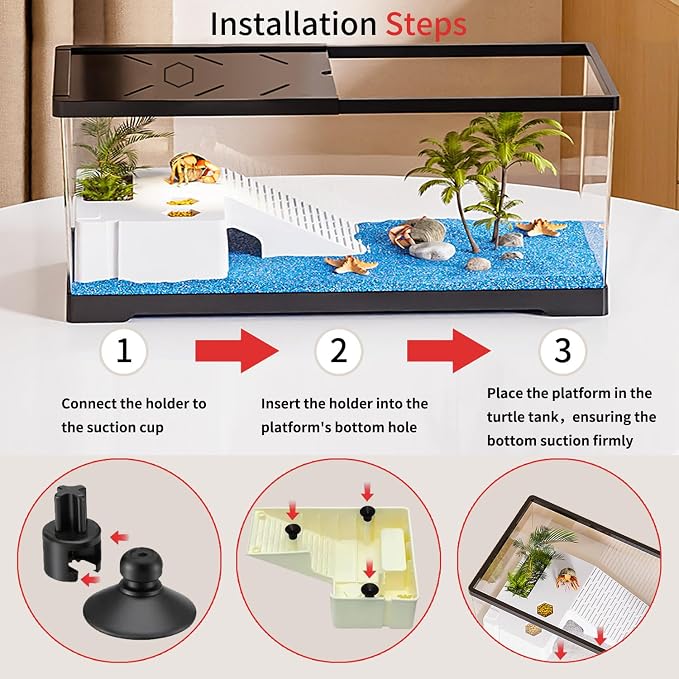 Turtle Fish Tank with Basking Platform and Bottom Drainage, 15.8" x 8" x 8.8" Aquatic Turtle Tank for Juvenile Turtle, Crayfish, Crabs, Amphibians, Reptiles, PC Material, Black Color