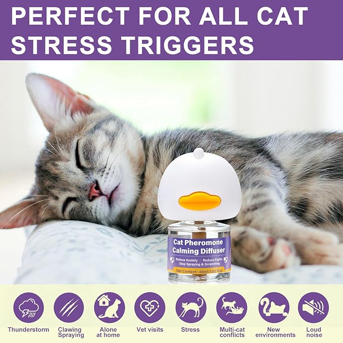Cat Calming Pheromone Diffuser, 4 Refills 48ml & 2 Diffusers, 120 Days Long-Lasting, Relieve Anxiety, Reduce Fighting, Spraying & Scratching, Safe for Cats Kittens & Humans
