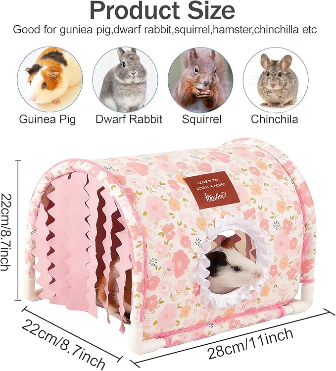 Guinea Pig Hideout Tunnel - Stable Washable Small Animal Tunnel Hide with Curtains,Guinea Pig Accessories for Hamster/Chinchilla/Dwarf Rabbit/Ferret (Pink, Large)