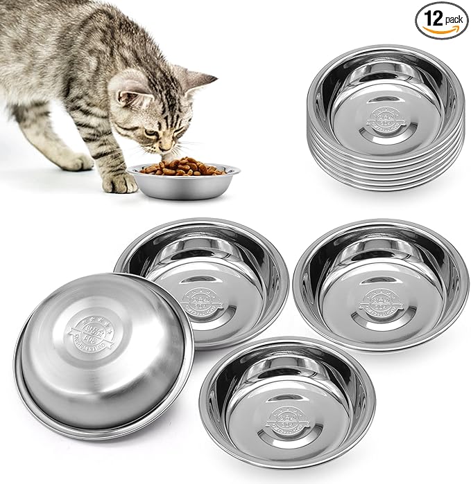 Stainless Steel Cat Bowl - Shallow Wide Flat Cats Food Bowls,Metal Kitten Dishes Whisker Friendly Fatigue Relief,Replacement Basic Kitty Plates for Elevated Stand,Dishwasher Safe（Set of 12）