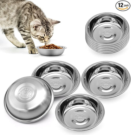 Stainless Steel Cat Bowl - Shallow Wide Flat Cats Food Bowls,Metal Kitten Dishes Whisker Friendly Fatigue Relief,Replacement Basic Kitty Plates for Elevated Stand,Dishwasher Safe（Set of 12）