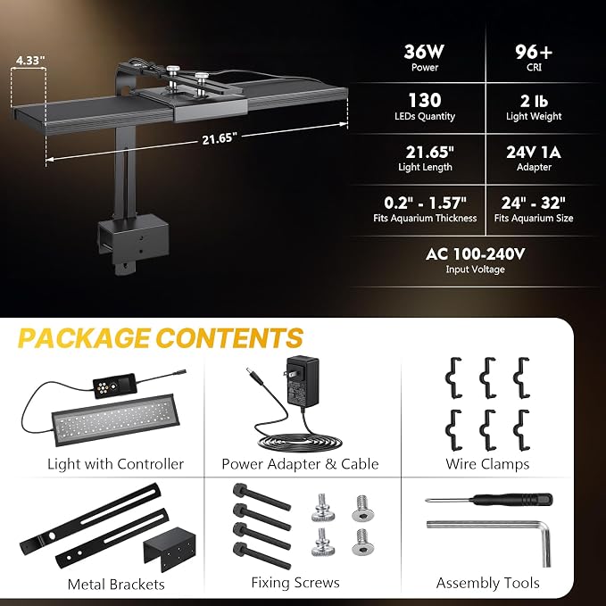 fishkeeper Clip on Aquarium Light for Plants, 6 Row LED Brightness, 36W | 24-32in Full Spectrum Fish Tank Light with 24/7 Natural Mode, DIY Mode, Adjustable Height/Front-to-Back Aquarium Light Riser