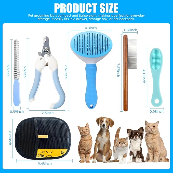 Aglads 6PCS Cat Rabbit Bunny Dog Grooming Kit, Self-Cleaning Brush,Nail Clipper, File,Tear Mark Brush, Fine-Tooth Comb,Hair Removal Glove & Travel Storage Bag for Long/Short-Haired Pets(6, Blue)