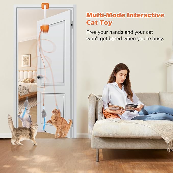 Rechargeable Electric Cat Teaser – Interactive Door Clip Teaser for Cats, 2 Motion Modes (360° Spin & Irregular Jumping), Smart Auto Cat Toy for Exercise & Fun (Orange)