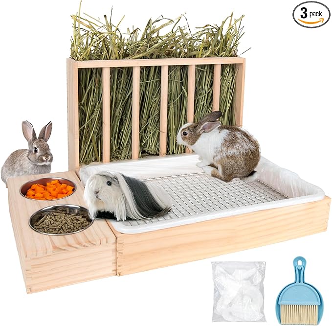 BESNEW 3 in 1 Rabbit Hay Feeder with Litter Box,Upgraded Wooden Hay Feeder Set for Guinea Pig Chinchilla Bunny Other Small Animals,Quick Cleaning & Large Capacity & Preventing Waste