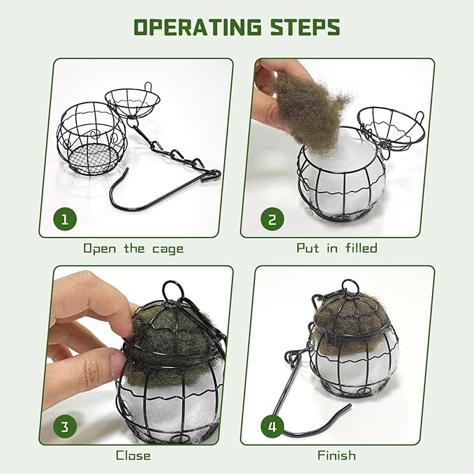 4PCS Bird Nesting Material Holder with 4PCS Nesting Cotton - Rust-Resistant Metal Hanging Nesting Balls for Outdoor Garden, Patio, Tree - Ideal for Hummingbirds, Finches, Canaries & Other Small Birds