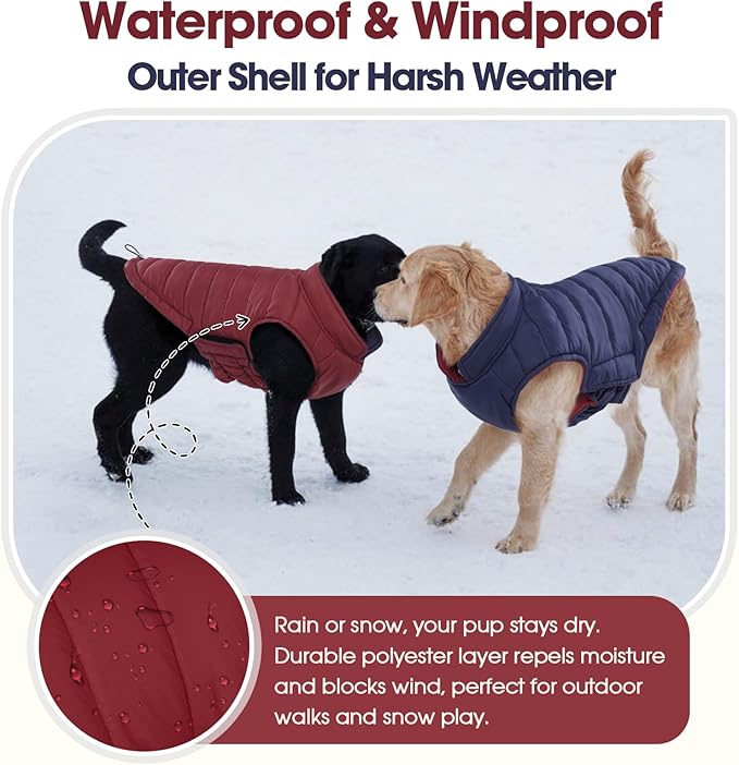 QBLEEV Reversible Dog Coat for Large Dogs, Waterproof Windproof Winter Jacket Keeps Big Breeds Warm & Dry, Adjustable Hook & Loop Puffer Vest, Wine Red, 3XL – Fits Labrador, Weimaraner, Great Dane