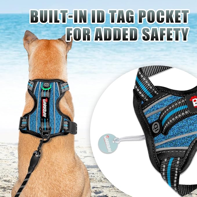 BARKBAY No Pull Dog Harness Large Reflective Dog Harness with Front Clip and Easy Control Handle for Walking Training Running with ID tag Pocket(Blue/Black,S)