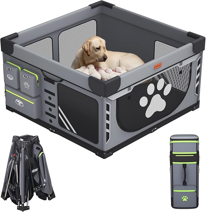 Loobani Foldable Dog Playpen Indoor/Outdoor,1 Min Setup Whelping Box, 690D Oxford Fabric & Reinforced Steel/Iron Frame, Portable Puppy Playpen with Rugged Carry Bag for Home &Travel-43.3"x43.3"x27.1"