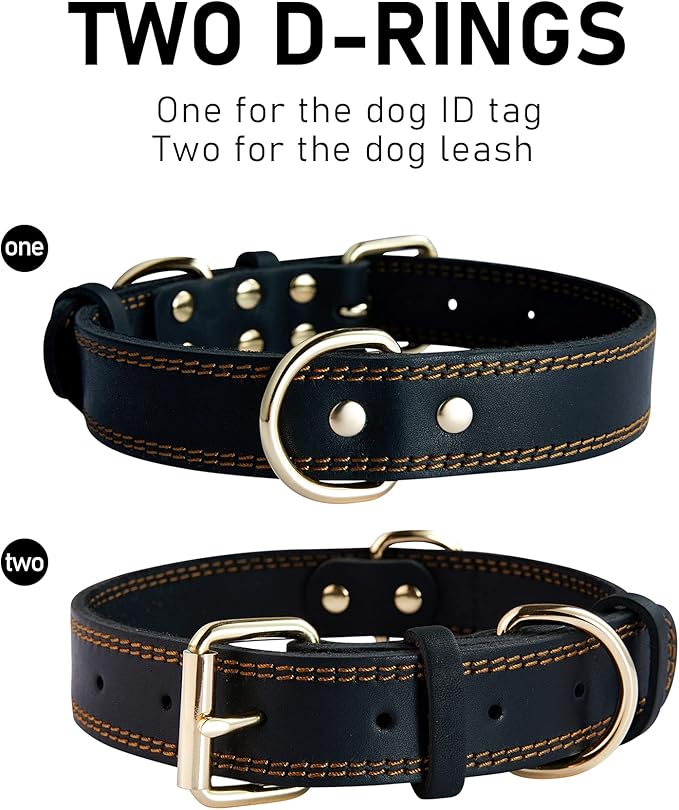 Genuine Leather Dog Collar, Heavy Duty Dog Collar for Small, Medium, Large and Extra Large Dogs (S: 0.8" Wide for 13.4"-15.8" Neck, Dual Stitch - Black)