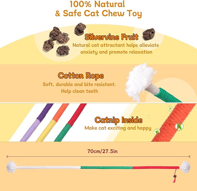 SEVENKA 3Pcs Cat Catnip Toys, 2.3ft/70cm Silvervine Chew Toy for Teeth Cleaning, Kitten Toys, Cotton Rope Scratch Catnip Interactive Cat Toys for Indoor Kittens Kitty