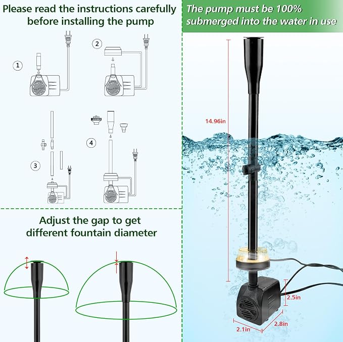 15W 800L/H Submersible Pond Fountain Pump with LED Lights, Ultra Quiet Water Pump, Pond Fountain Pumps for Small Pond, Garden, Aquarium, Fish Tank, Indoor Outdoor Fountain 3 Type Nozzle (Warm)