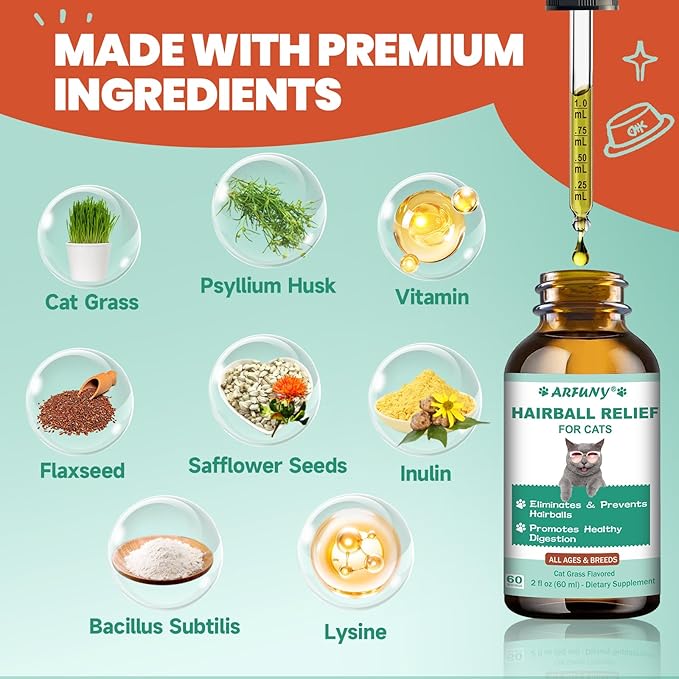Cat Hairball Remedy - 2-Pack Drops Hairball Treatment for Cats - Hairball Relief for Cats - with Psyllium Husk, Flaxseed, Cat Grass - Cat Grass Flavor