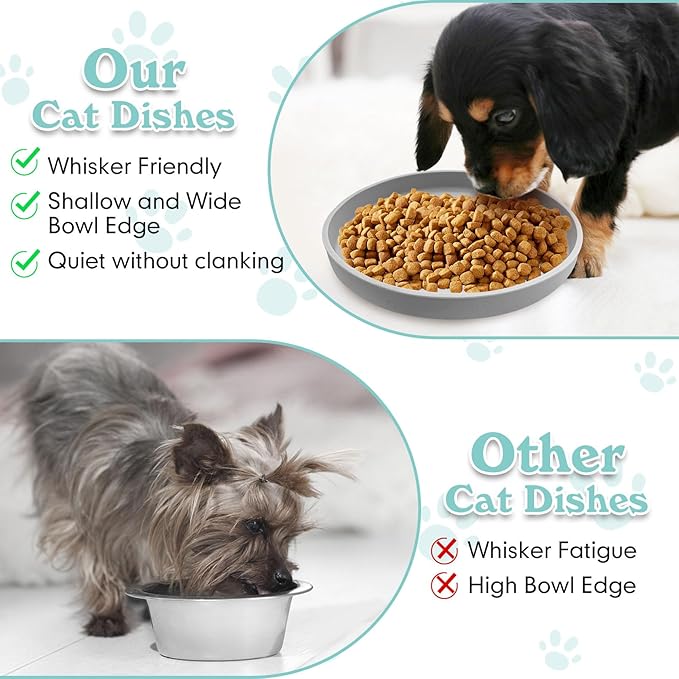 Silicone Dog Bowl Shallow Cat Food Bowls 7in Flat Puppy Plates Cute Whisker Fatigue Pet Feeding Dishes Set of 2 for Dry and Wet Food Indoor (Round Grey)